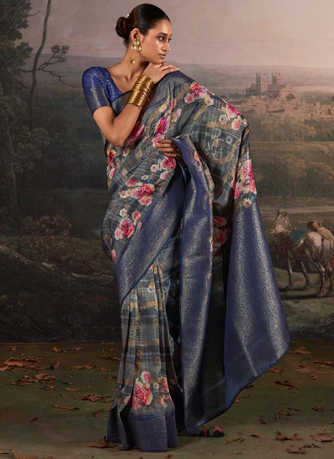 Linen Grey Festival Wear Floral Printed Saree